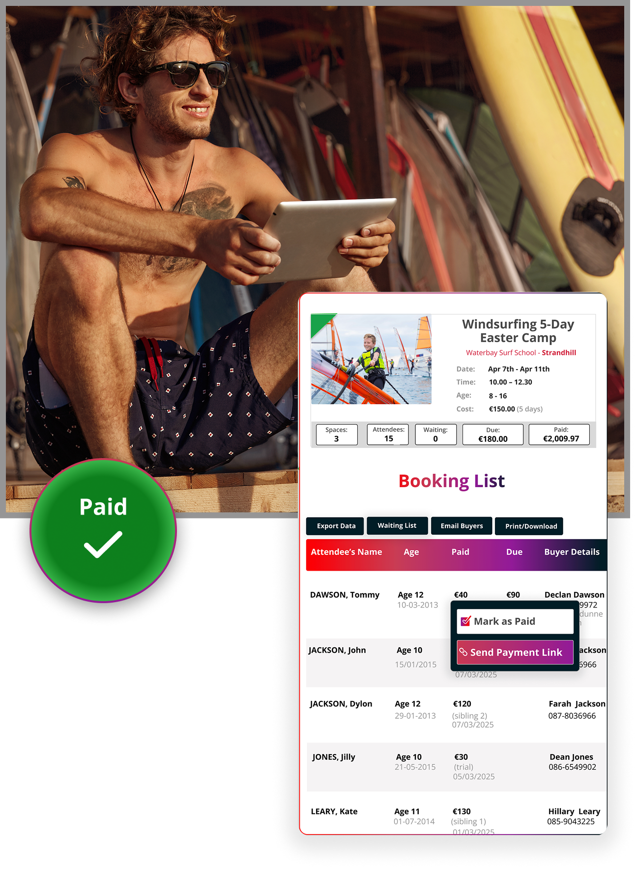 Booking list and admin dashboard for kids’ activity providers