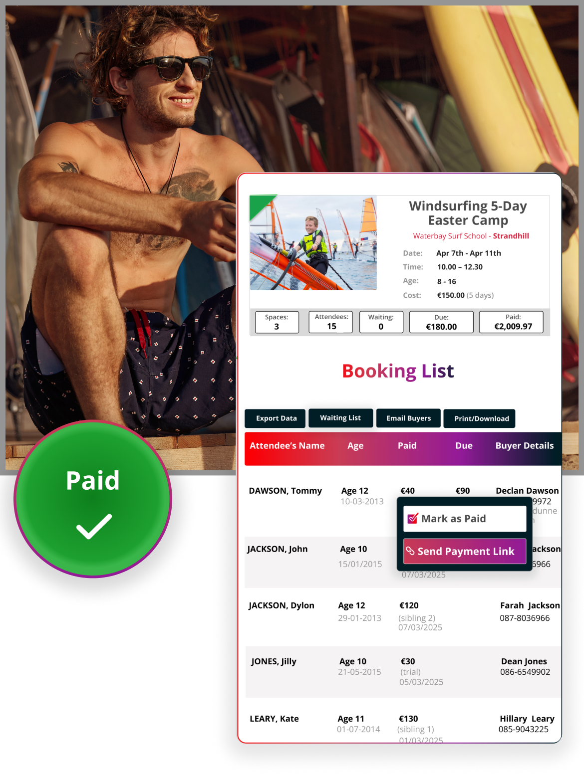 Booking list and admin dashboard for kids’ activity providers